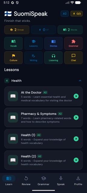 EstoniaSpeak home screen with Vocab, Lessons, Stories, Grammar, Listening and Speak