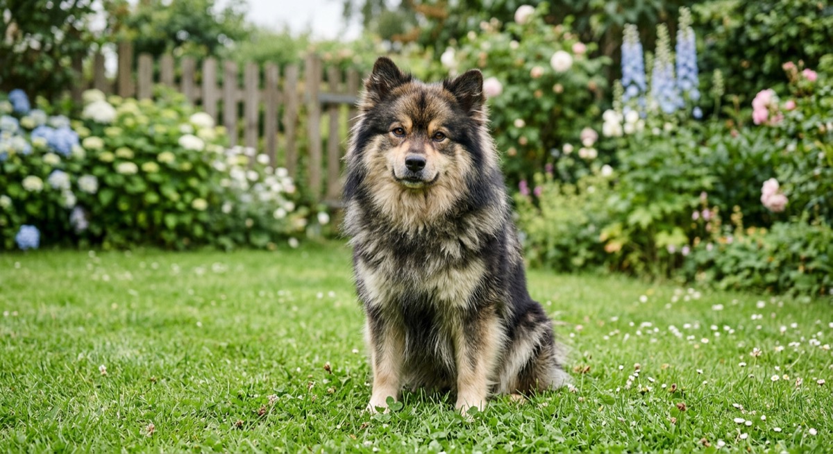 An Estonian dog sitting on green grass in a garden