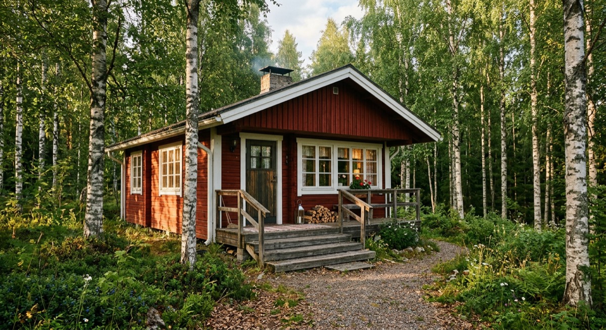 A traditional wooden Estonian house with white window frames among birch trees
