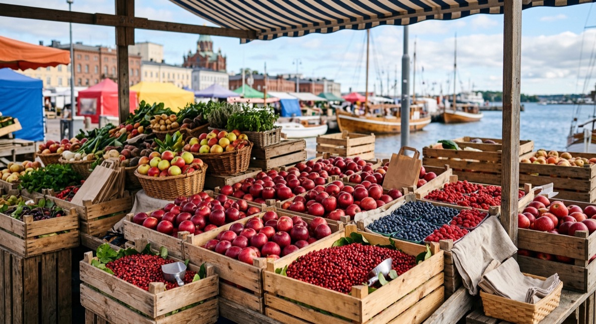 A market stall with crates of fresh apples and berries