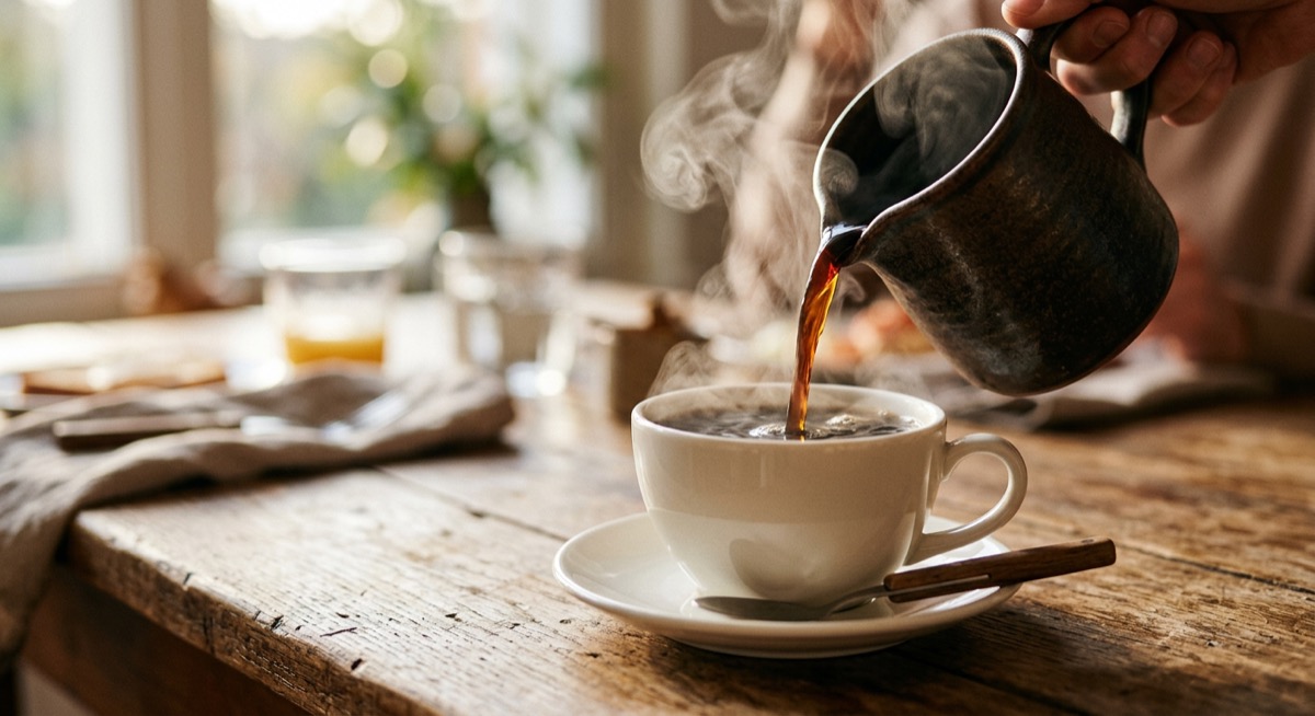 Hot coffee being poured into a white cup on a wooden table