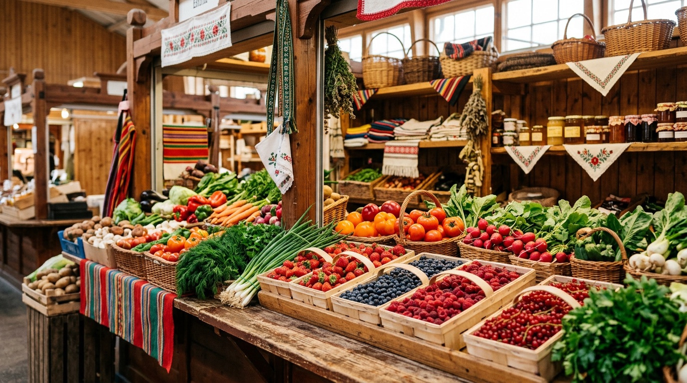 A colourful Estonian market stall with fresh vegetables and produce