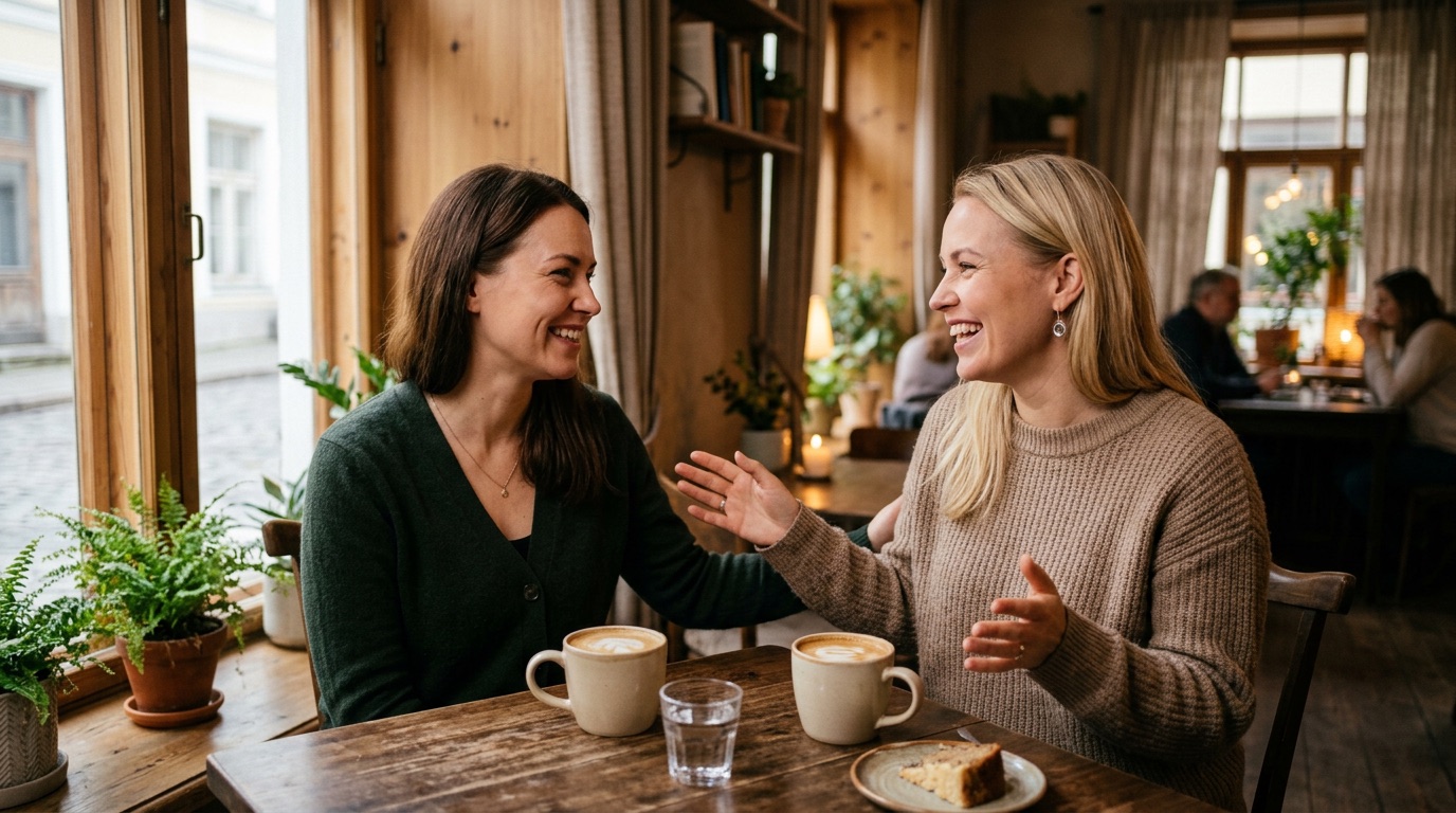 Two people greeting over coffee at a cosy Estonian cafe