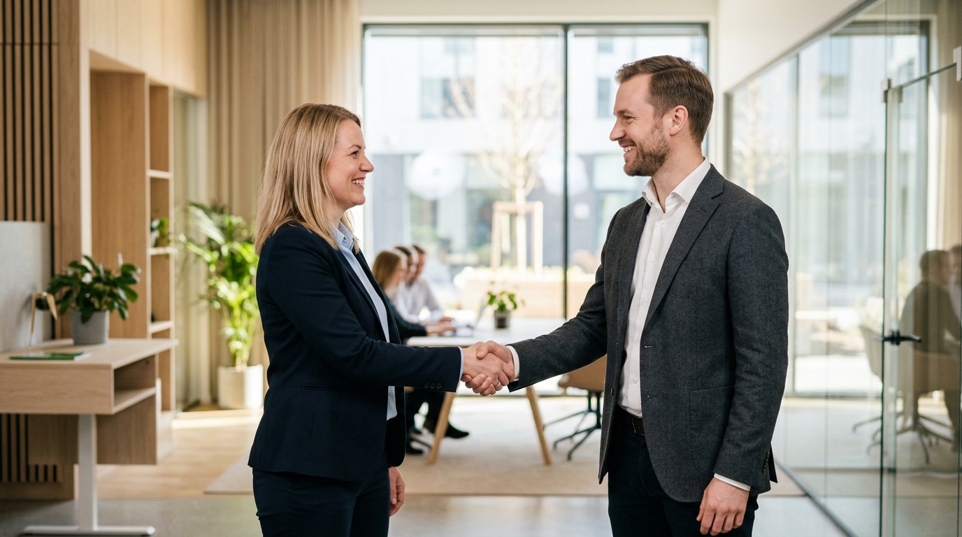 A friendly professional handshake in a bright modern Estonian office