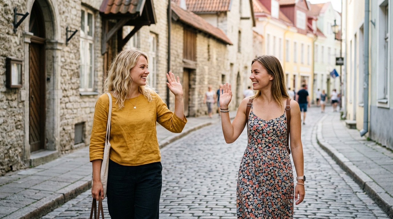 People greeting each other at an Estonian cafe