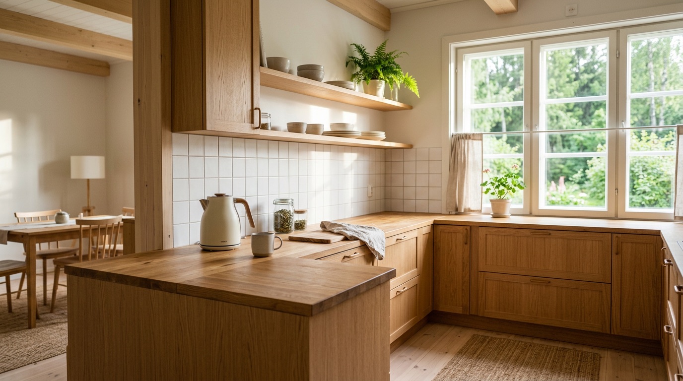 A clean bright Nordic kitchen with light wooden cabinets
